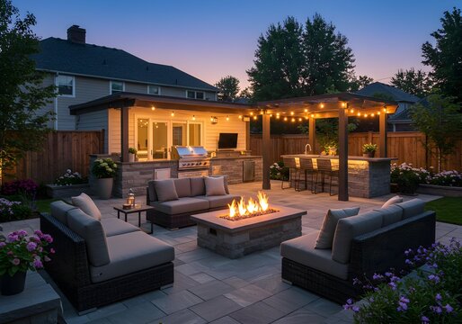 Expansive Backyard Patio with Outdoor Kitchen, Fire Pit and String Lights