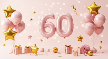 Elegant 60th birthday celebration with balloons and gold stars on pink background