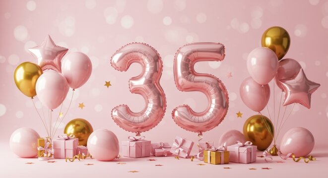 Elegant 35th birthday celebration with pink and gold balloons and gifts on a soft pink background