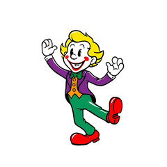 Cartoon illustration of a smiling clown with blonde hair wearing a purple jacket and green pants