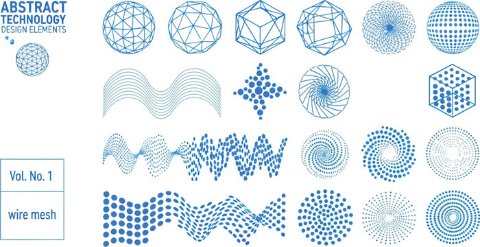Abstract geometric wireframe shapes offer diverse technology design elements