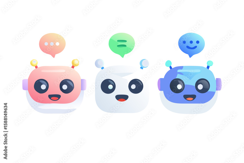 Poster three friendly cartoon robots with speech bubbles isolated on transparent background isolated on whi