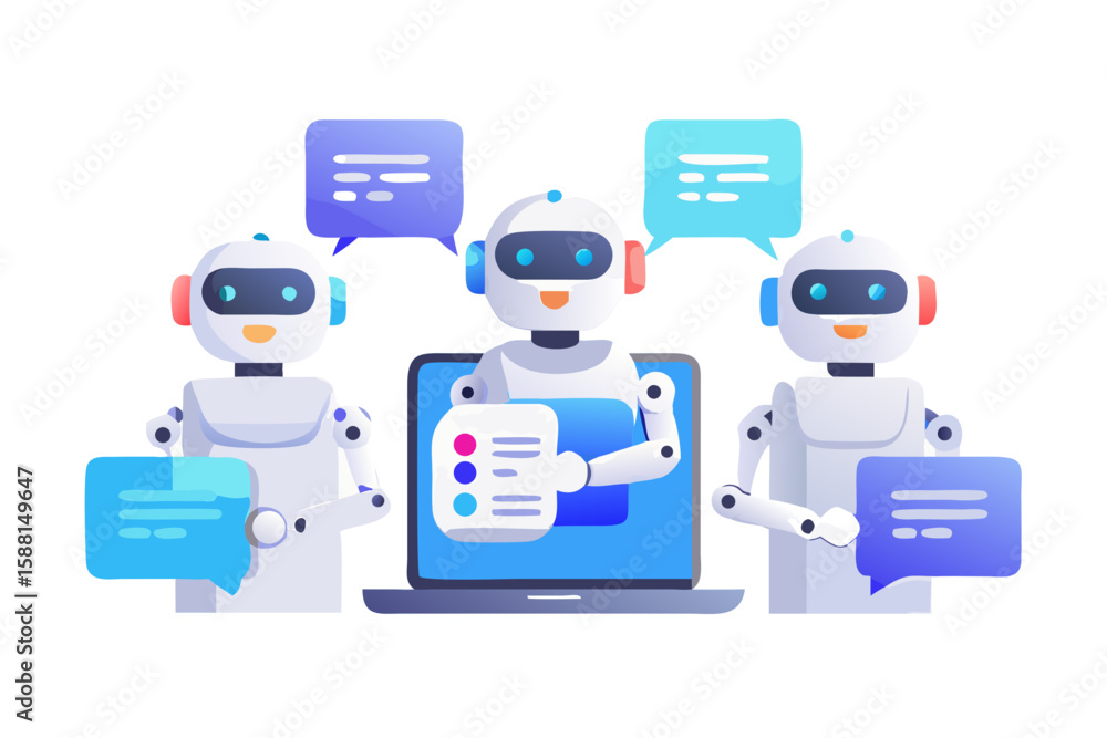 Poster three friendly robots communicating with speech bubbles and a laptop isolated on transparent backgro