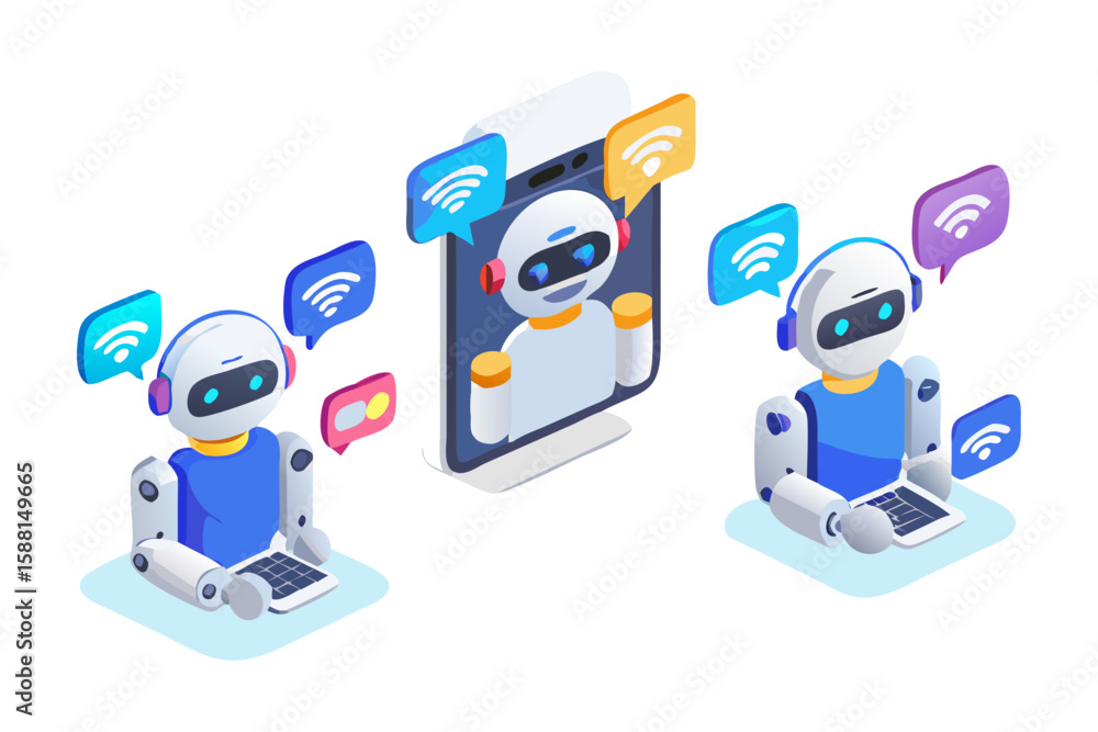 Poster robots communicating wirelessly through chat bubbles and laptops isolated on transparent background 