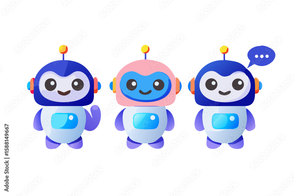 Poster three cute cartoon robots waving and talking isolated on transparent background isolated on white ba
