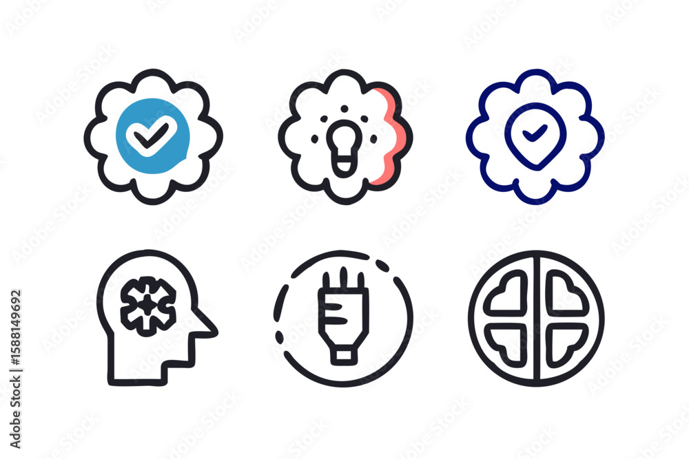 Poster collection of six modern line art icons representing ideas brains and verification symbols isolated 