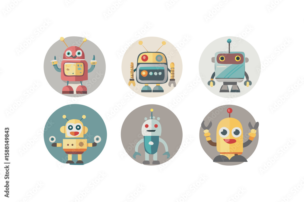 Poster collection of six cute flat design robots in circular frames isolated on white background isolated o