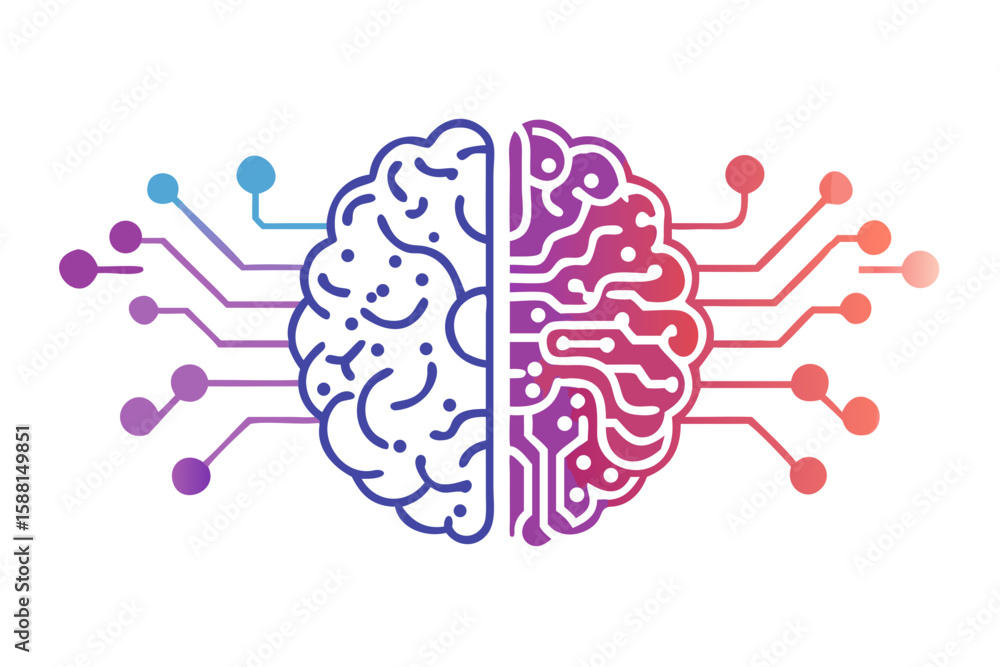 Poster abstract digital brain with circuit board patterns and glowing nodes isolated on transparent backgro