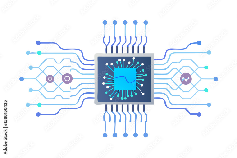 Poster stylized illustration of a central processing unit with interconnected circuits and nodes isolated o