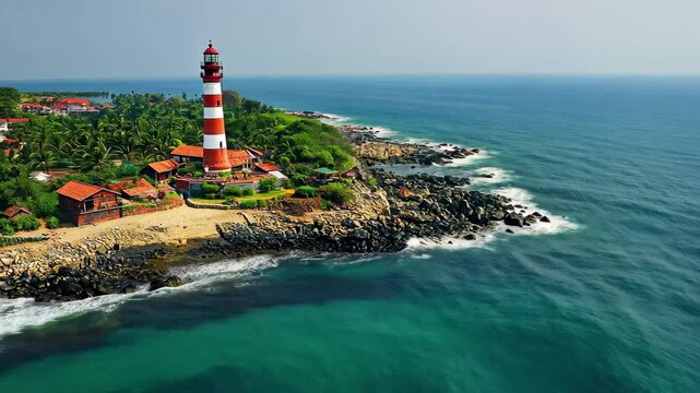 Breathtaking aerial view of Kovalam lighthouse and coastline in Thiruvananthapuram, Aerial view of kovalam lighthouse thiruvananthapuram kerala