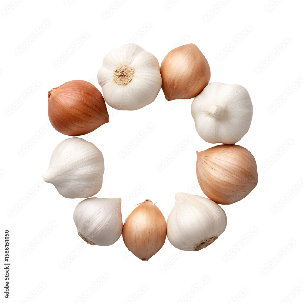 Poster garlic bulbs and cloves arranged in a circular pattern on a white background isolated on white backg