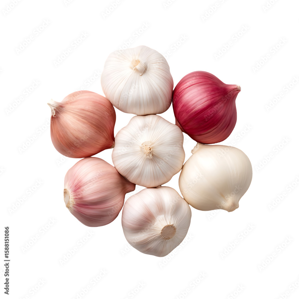 Poster garlic bulbs and cloves arranged in a circular pattern on a white background isolated on white backg
