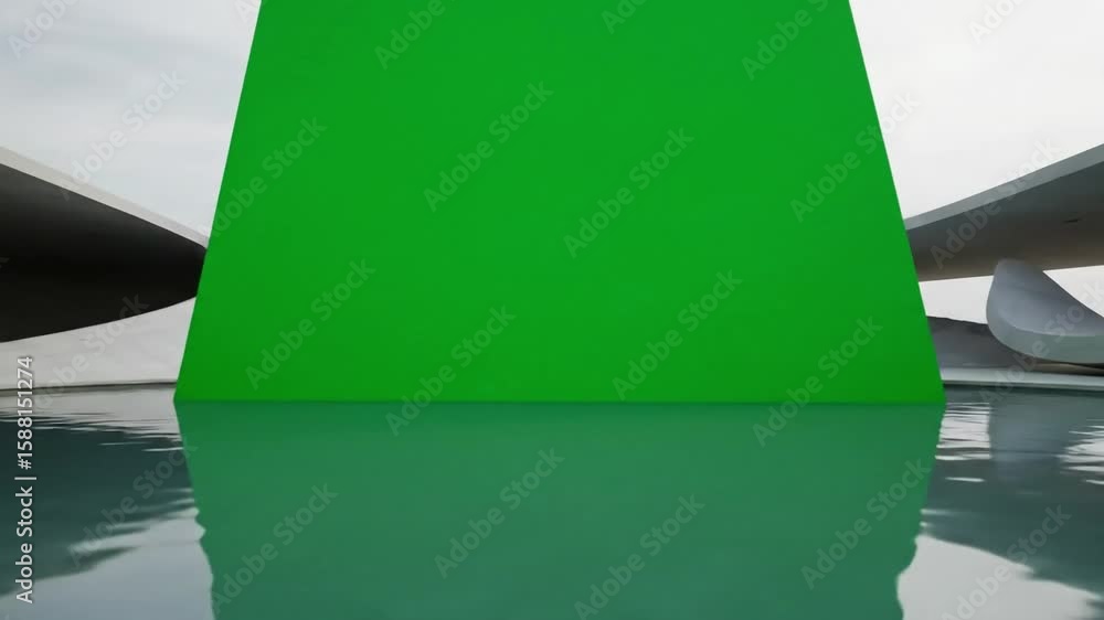 Poster minimalist architecture with green screen and water reflection for visual effects background
