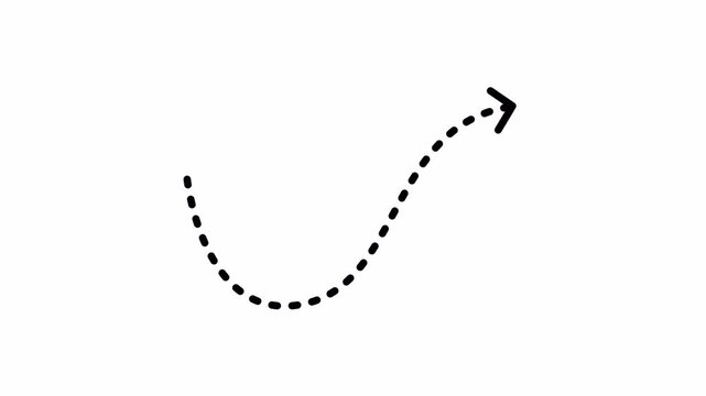 Black dashed curved arrow on transparent background, symbolizing non-linear direction, process, and dynamic flow. 4K video