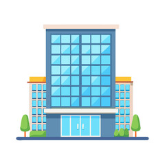 Office building facade with glass windows and entrance