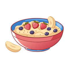 Bowl of oatmeal with fruits and banana slices