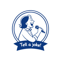 Cartoon character of a smiling person holding a microphone with "Tell a joke!" text in a blue icon