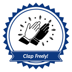 Black and white silhouettes of clapping hands in a circular blue badge with "Clap Freely!" text