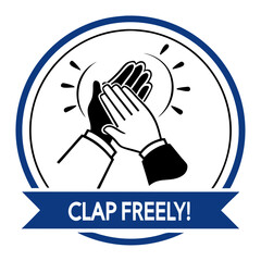 Icon of clapping hands with text "Clap Freely!" in a circular blue badge