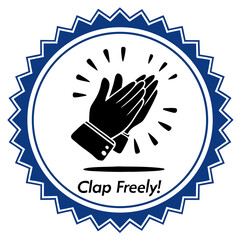 Icon of black clapping hands with text "Clap Freely!" in a circular blue badge