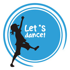 Minimalist silhouette twirling in dance inside bright blue circle with "Let's Dance!" text