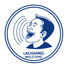 Icon of a smiling face with an open mouth and sound waves, featuring "Laughing Welcome!" text