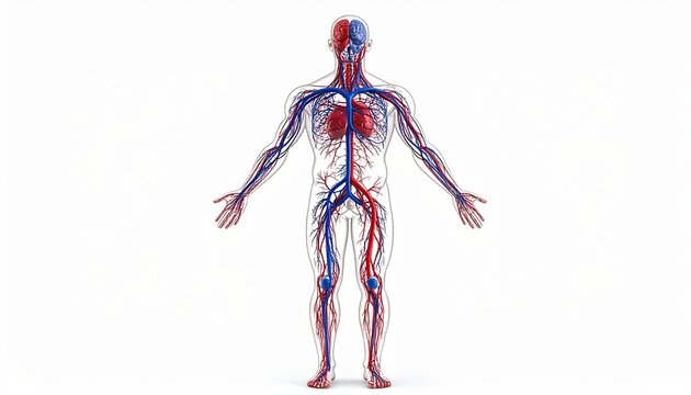 Detailed Anatomy Illustration of Human Circulatory System on White Background