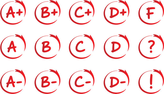 "School Grade Icon Set Vector – Letter Marks in Red Circle for Test and Exam Results on Transparent Background"

