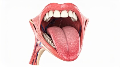 Anatomical Illustration of Human Mouth with Detailed Muscular Structure and Tongue