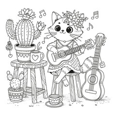 Obraz premium Cute cat playing guitar. Coloring page for kids and adults. Illustration for coloring.
