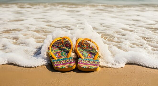 Vibrant Flip Flops on the Beach Shoreline with Foamy Waves - Powered by Adobe