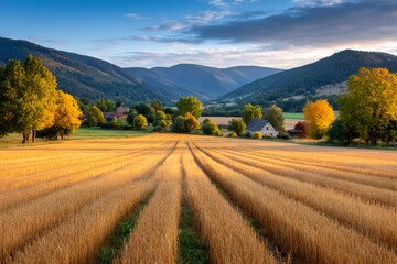 Obraz premium Golden harvested field stretching towards picturesque village in autumn scenery