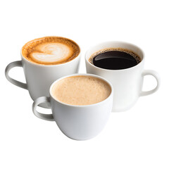 Obraz premium Three coffee cups offer a delightful variety, from a creamy latte with intricate art to a robust black coffee with a frothy layer isolated on white background or transparent background png cut out