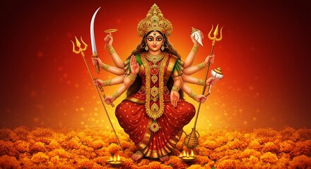 Fototapeta premium Vibrant illustration of Goddess Durga with ten arms holding weapons, surrounded by marigold flowers