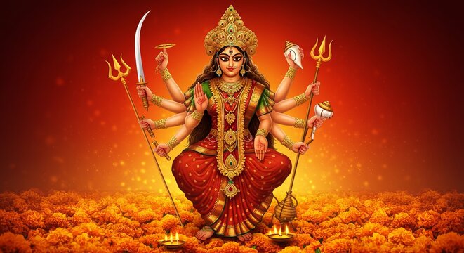 Vibrant illustration of Goddess Durga with ten arms holding weapons, surrounded by marigold flowers