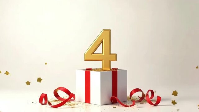 4th Celebration Gift Box with Golden Number &ndash; Red Ribbon Scene Featuring Stars on Soft Background for Birthday or Anniversary
