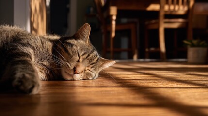 Tabby cat peacefully sleeping on a wooden table bathed in warm afternoon light.