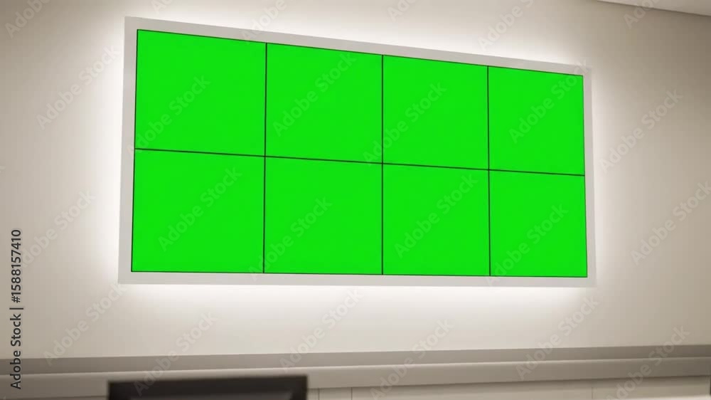 Poster modern lobby interior with green screen display for custom content integration and branding