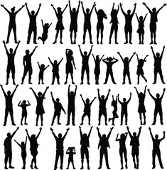 Black-and-White Vector Illustration of Celebration & Unity – 32-Item Raised-Arm Silhouette Grid
