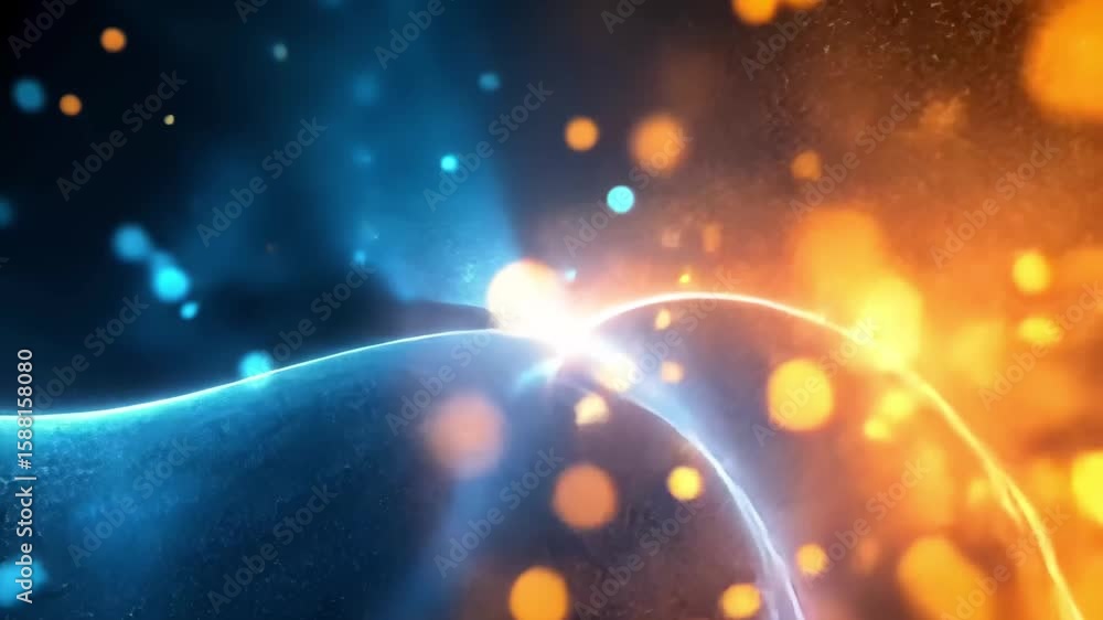 Poster vibrant abstract display of orange and blue particles flowing in dynamic patterns, abstract backgrou