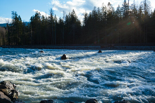 Elwha River flowing around rocks, Port Angeles, Washington