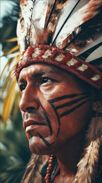 Close-up  of a man with tribal face paint and headdress, possibly portraying an Indian or historical warrior.
