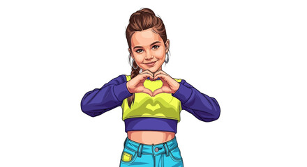 Cheerful girl makes heart shape with hands, vibrant pop art style illustration.
