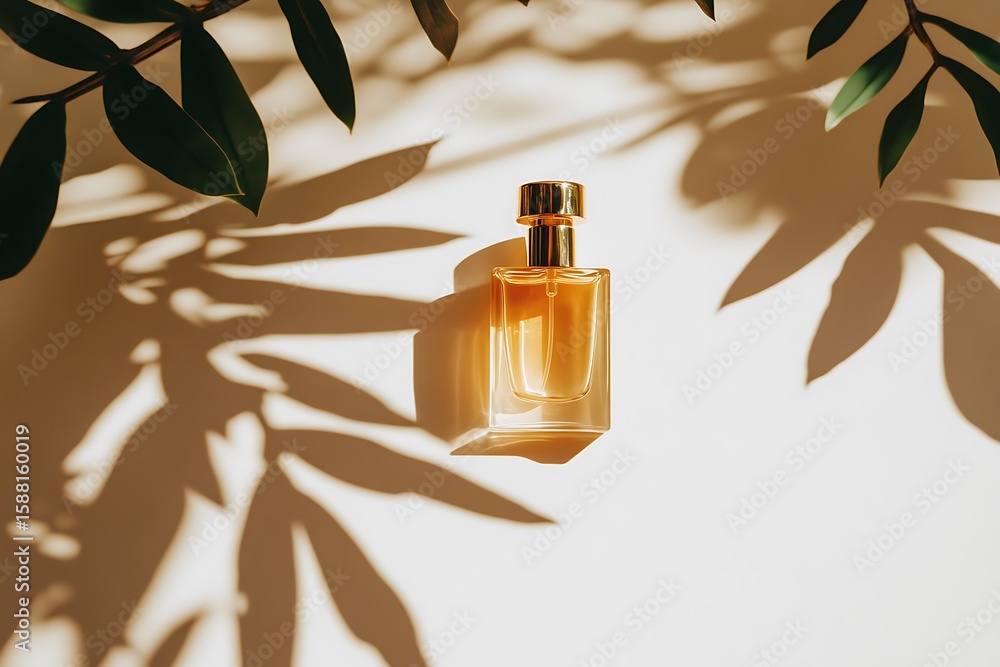 Poster elegant perfume bottle displayed amidst botanical shadows creating a luxurious scene