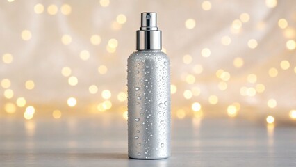 Spray bottle with water droplets against a bokeh background