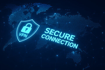 VPN secure connection graphic with glowing shield and lock icon over world map, representing global cybersecurity, encrypted internet access, and digital privacy protection, VPN secure connection, 
