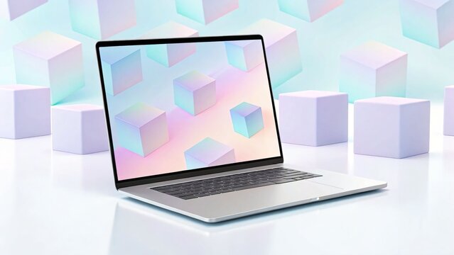 Laptop displays abstract cubes on its screen in a studio setting - Powered by Adobe