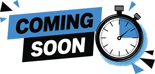 A coming soon graphic with a stopwatch and geometric shapes in blue and black