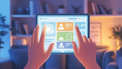 Hands interact with a digital tablet displaying an educational interface for remote learning. - Powered by Adobe