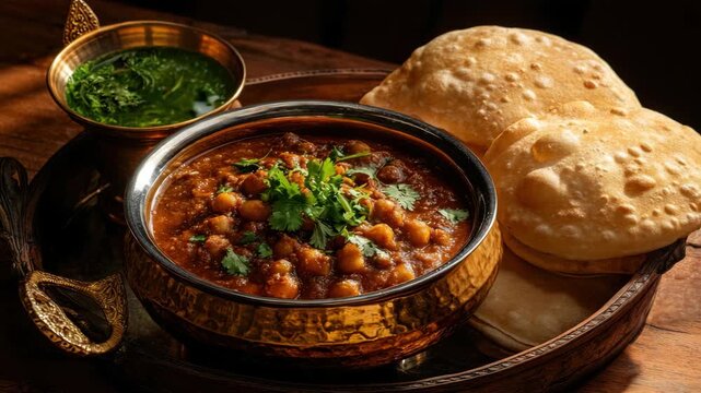 Indian chana masala soup served with papadum and a side of fresh garnish. Traditional dining experience. Gluten-free.
